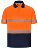 Unisex orange and navy segmented safety polo shirt with reflective stripes and a pocket. Features a logo.