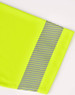 A bright yellow polo shirt featuring grey segmented stripes along the sleeve. It includes a logo.