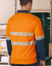 An orange and navy unisex long-sleeve polo shirt with reflective segmented stripes and a branding logo.