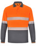 Unisex long-sleeve polo shirt in bright orange and grey, featuring reflective stripes and a pocket. Includes a logo.