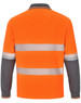A long-sleeved, unisex safety polo shirt in orange and grey with reflective stripes and a logo.