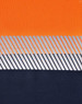 A segmented work polo shirt in vibrant orange and navy, featuring a reflective stripe design and a logo.