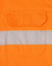 An orange long-sleeve shirt featuring perforated reflective tape and a back pocket. It has a logo on the fabric.