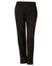 Black kid's track pants with an elastic waistband and a logo. Soft fabric and tapered leg design.