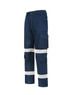 Unisex navy cotton stretch ripstop segmented work pants with reflective stripes and multiple pockets.
