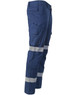 Unisex cotton stretch ripstop segmented work pants in navy blue with reflective stripes. Includes multiple pockets and a logo.