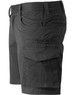 Unisex black cotton stretch ripstop work shorts featuring multiple pockets and an elastic waistband.