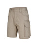 Beige unisex cotton stretch ripstop work shorts with multiple pockets and a logo. Suitable for workwear.