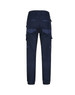 Unisex cotton stretch drill cuffed work pants in navy, featuring back pockets and elasticised cuffs.