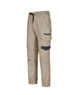 Unisex cotton stretch drill cuffed work pants in beige with pockets and a drawstring waist. Features branding details.