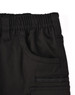 Black unisex cotton stretch drill work shorts featuring an elastic waistband and pockets, with a logo visible.