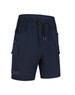 Navy unisex cotton stretch drill work shorts featuring pockets and an elastic waistband with a drawstring.