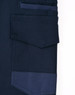 A close-up of navy unisex cotton stretch drill work shorts, featuring multiple pockets and a sturdy design.