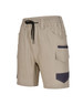Unisex cotton stretch drill work shorts in beige with navy detailing and multiple pockets. Features an elastic waistband.