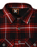 A red and black checkered quilted flannel shirt featuring a collar and button details. It has a logo on the label.