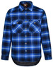 A blue and black checkered flannel shirt featuring two front pockets and a branded logo.