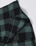 A unisex flannel plaid shirt featuring green and black check patterns, with button-up details and a logo.