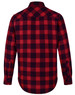 A unisex flannel plaid shirt in red and navy, featuring a button-up design and long sleeves. It has a logo on the back.