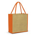 Jute tote bag in natural and orange, featuring sturdy handles and a logo. Ideal for eco-friendly shopping.