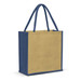 A jute tote bag in natural and navy blue, featuring sturdy handles and a plain surface with a logo.