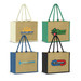 Four jute tote bags in beige, green, black, and blue, each featuring different logos and designs.