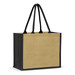 A jute tote bag in natural beige with black handles. Features a simple design and has a logo on one side.