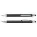 A black stylus pen with silver accents, featuring a smooth writing tip and a touch screen end. It has a logo. A black stylus pen with silver accents, featuring a smooth writing tip and a touch screen end. It has a logo.