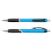 A blue plastic pen with a black grip and silver accents. It features a sleek design and has a logo. A blue plastic pen with a black grip and silver accents. It features a sleek design and has a logo.