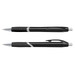 Two black plastic pens with silver detailing and grip sections, one with a retractable mechanism. Two black plastic pens with silver detailing and grip sections, one with a retractable mechanism.