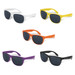 Five pairs of sunglasses in white, yellow, orange, purple, and black, each with dark lenses, displayed together.