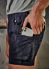 Men's rugged cooling stretch shorts in dark navy with a phone pocket, featuring a logo. Men's rugged cooling stretch shorts in dark navy with a phone pocket, featuring a logo.
