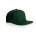 A green cap with a flat brim and a logo, featuring a structured design and six panels. A green cap with a flat brim and a logo, featuring a structured design and six panels.