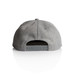 A grey cap featuring a snapback closure and a logo on the back. The texture appears fabric-like. A grey cap featuring a snapback closure and a logo on the back. The texture appears fabric-like.