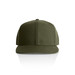 An olive green cap with a flat brim and five panels, featuring a logo on the front. An olive green cap with a flat brim and five panels, featuring a logo on the front.