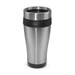 A travel mug in stainless steel with a black silicone grip and a plastic lid, featuring a branded logo. A travel mug in stainless steel with a black silicone grip and a plastic lid, featuring a branded logo.