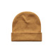 A mustard yellow cuff beanie with a folded brim, featuring a logo on the side.