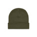 An olive green cuff beanie with a textured knit design and a folded brim, featuring a logo on the side.