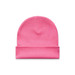A pink cuff beanie with a knitted texture and a folded brim, featuring a branding logo.