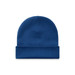 A blue cuff beanie with a ribbed texture and a folded brim. The beanie features a logo.