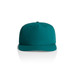 A teal cap with a structured front and a flat peak, featuring a logo on the front. A teal cap with a structured front and a flat peak, featuring a logo on the front.