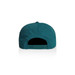 A teal cap with a back closure and a logo, featuring a smooth texture and curved brim. A teal cap with a back closure and a logo, featuring a smooth texture and curved brim.