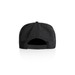 A black surf cap featuring a snapback closure and a textured fabric at the back. It has a logo. A black surf cap featuring a snapback closure and a textured fabric at the back. It has a logo.