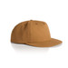 A tan surf cap with a flat brim and six-panel design, featuring a logo on the side.