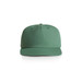 A green cap with a rounded peak and an adjustable strap, featuring a logo on the front.