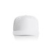 A white cap with a flat brim and a logo on the front. The design is simple and clean.