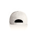 A white cap featuring a black underbrim and an adjustable strap at the back. It has a logo on the side.
