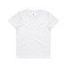 A white kids' staple tee shirt with a simple design and a logo on the label.