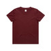 A maroon kids' T-shirt featuring a crew neck and short sleeves, with a label inside the neckline. A maroon kids' T-shirt featuring a crew neck and short sleeves, with a label inside the neckline.