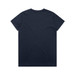 A navy blue T-shirt with a simple design and a logo. The back view shows a smooth, plain surface.