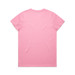 A pink t-shirt with a plain back and a circular neckline, featuring a logo.